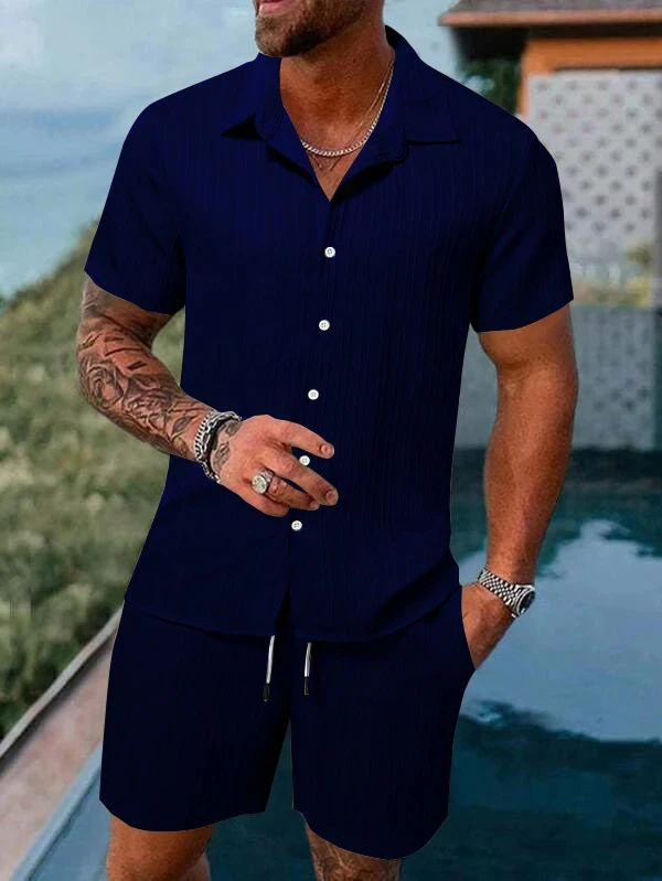 Conjunto de camisa con estampado 3d para hombre, camisa informal de manga corta a rayas lisas, pantalones cortos de playa de gran tamaño, ropa de