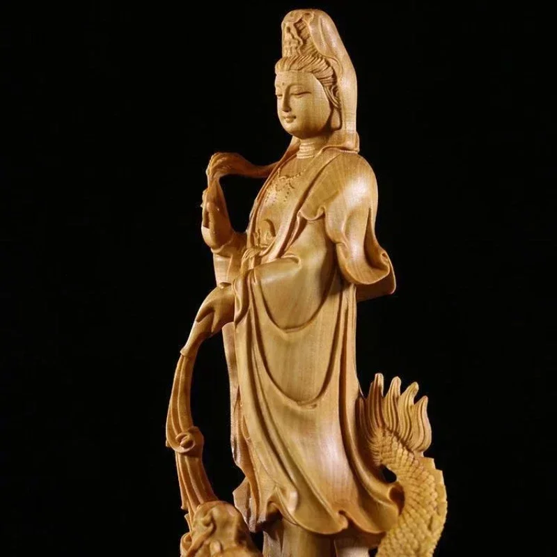 1 pc Solid wood carving Dragon Guanyin Desktop decoration living room Bookcase Crafts Daily gift giving   pray for blessings