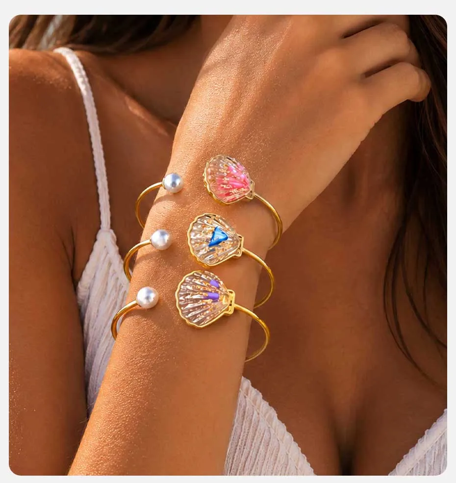 Vnox Boho Buntes Harz-Muschel-Imitat-Perlen-Armband für Frauen, Emaille-Manschette, Niedlicher Armreif, Ozean-Strand-Urlaubsschmuck – Detail 2