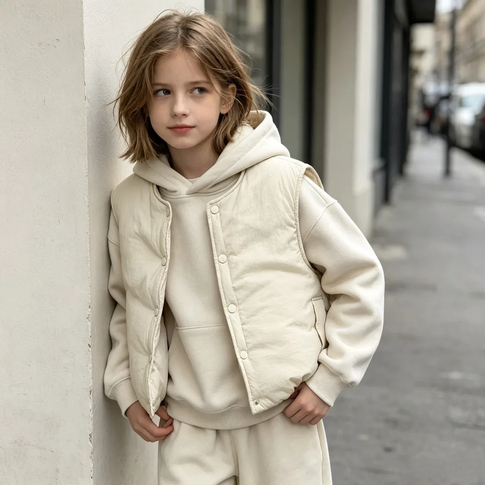 Kids Collarless Padded Vest Button Front Sleeveless Quilted Gilet Boys Girls Minimalist Casual Outerwear Layering Spring Autumn