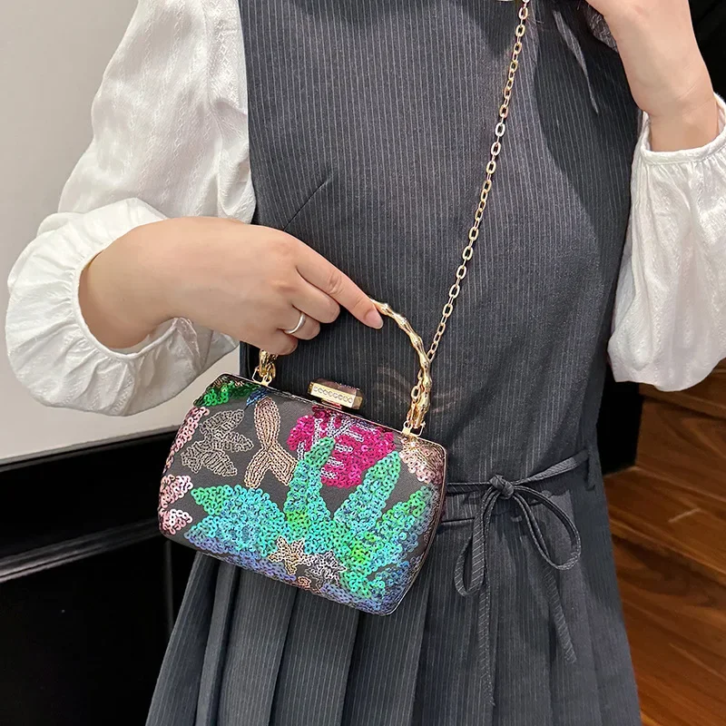 حقيبة مأدبة زهور مطرزة، عصرية ومتعددة الاستخدامات، كتف واحد، كتف متقاطع، حقيبة صندوق ترتر، عصرية