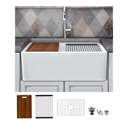 MEJE   Single/Doubble Bowl Farmhouse Kitchen Sink ,Ceramic with Cutting Board ,Grid & Strainer - White  76/84 CM