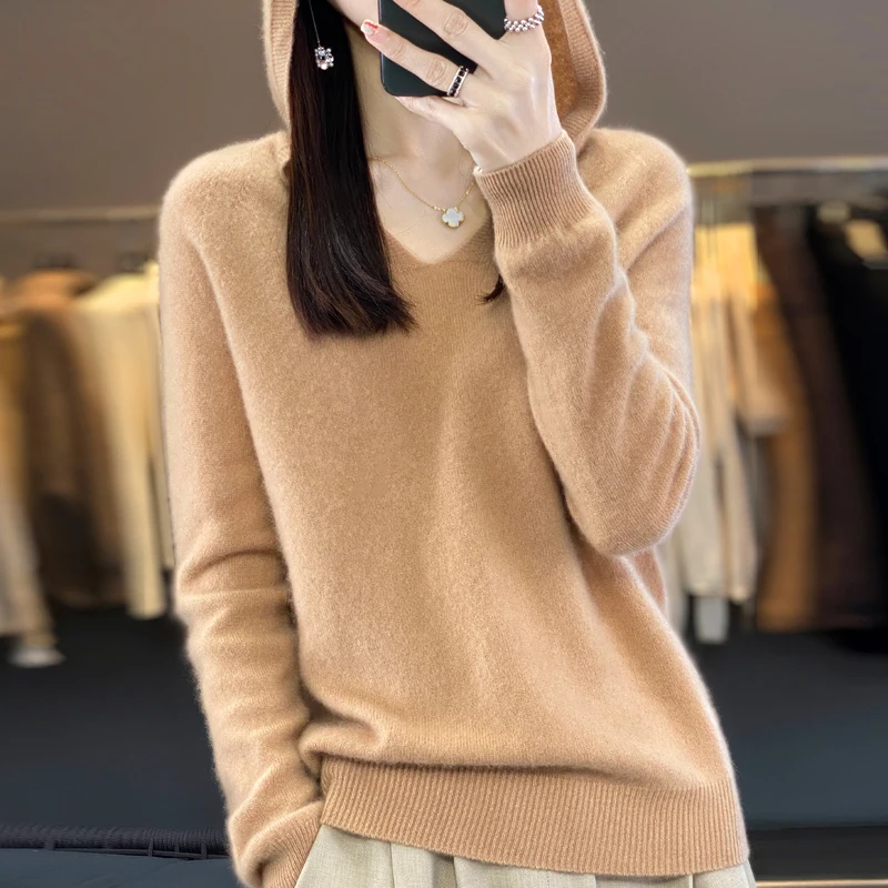 2023 Spring And Autumn New 100% Pure Wool Knitted Women's Hooded Sweater Fashion Solid Color Versatile Loose Top