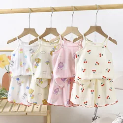 Cartoon Sling Tops Suit Summer Girl's All Cotton Pajamas Outfit Full Printed Home Clothes Thin Soft Vest Babies Sleep Clothing