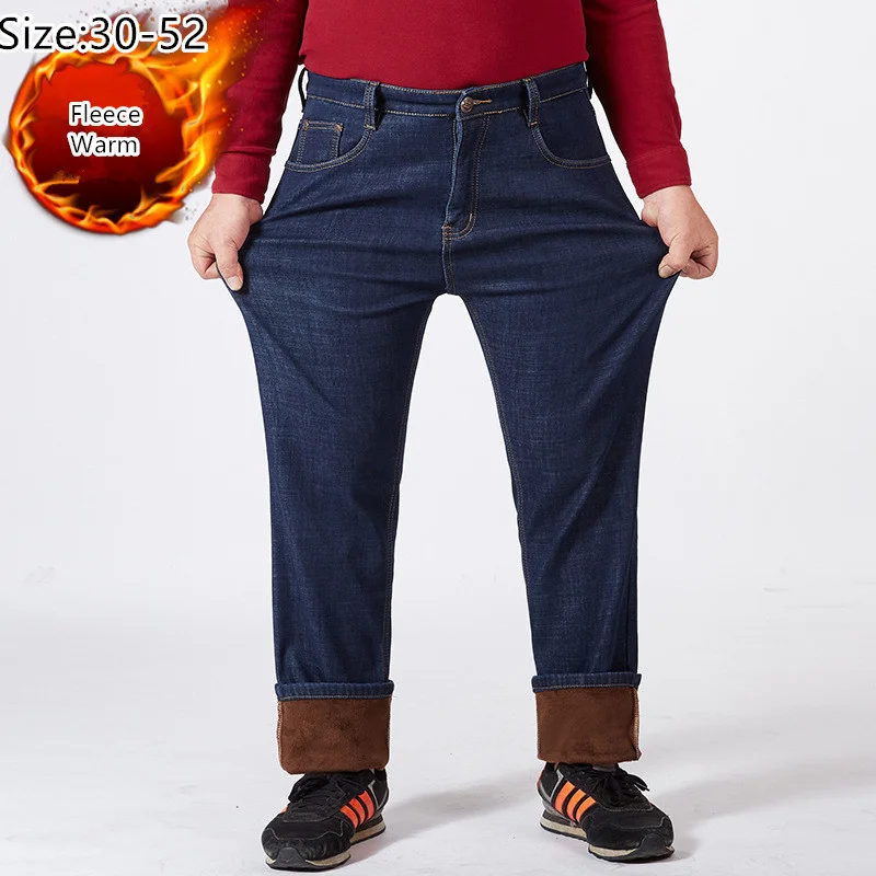 

High Waist Men Jeans 150KG Thicken Loose Straight Plus Size 52 Fleece Warm Dad Denim Winter Stretched Trousers Male Large Pants