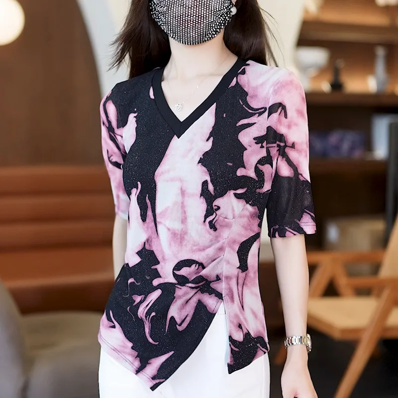 Boweylun Bright Silk V-Neck Printed Five Split Sleeve Short Sleeve Tops Women's Mom Loose Split Mesh Medium Sleeve T-Shirt