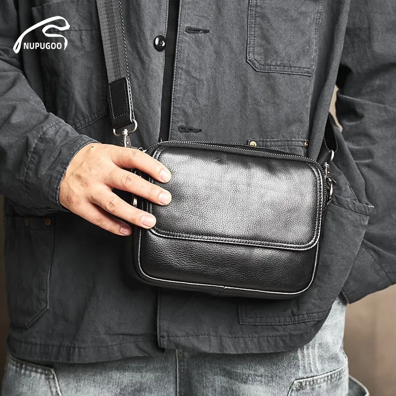

NUPUGOO Casual Men's Leather Crossbody Bag Soft Top Layer Cowhide Simple College Sle Small Bapa Trendy Single oulder Bag