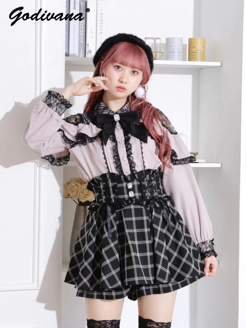 Sweet Japanese Mine Cape Ruffled Lace Stitching Shoulder Long Sleeve Shirt Spring and Autumn Women\'s Lolita Bowknot Blouse Tops