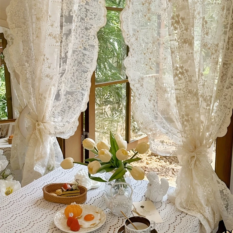Vintage Lace Tulle Curtains Elegant Romantic Soft Sheer Fabric Rod Pocket Drapes for Bedroom Living Room Kitchen Window Curtains