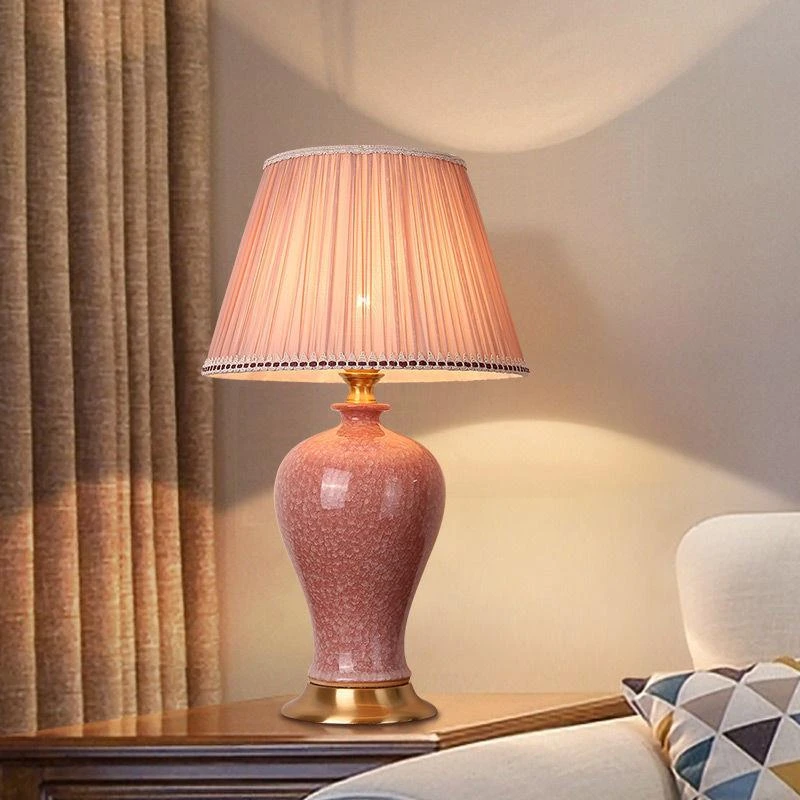 

Pink Ceramic Table Lamp with Crystal Glaze Ice Crack Design Porcelain Bedroom Living Room Lamp for Wedding Atmosphere All Copper