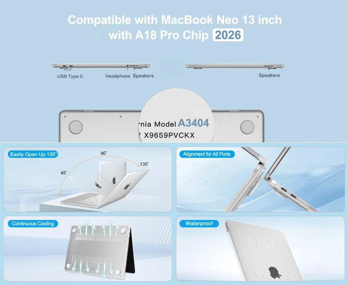 Matte Hard Shell for 2026 MacBook Neo 13 Inch Case Model A3404 Laptop Cover Anti-Fingerprints Scratch-Proof Full Protection