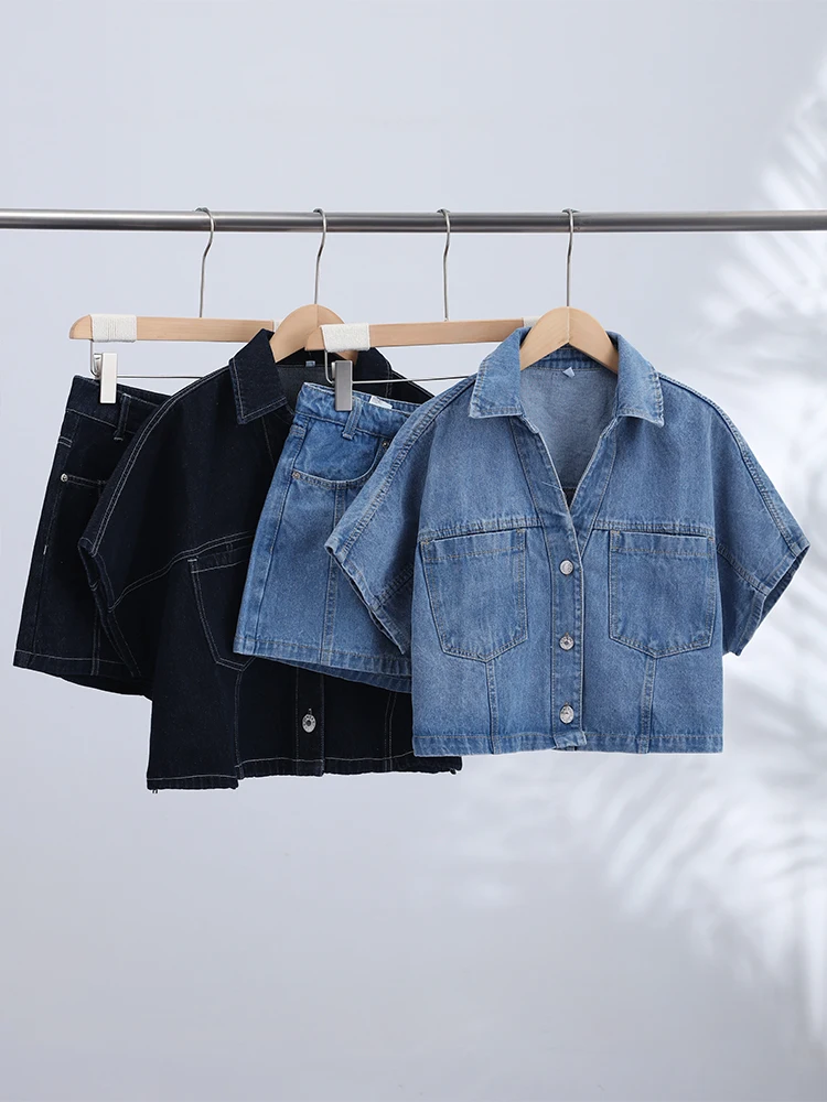 Denim-Kurzarm-Crop-Top und Skort-Set für Damen, Sexy V-Ausschnitt, Einreihige Oberteile, Hochgeschnittene Culottes, Schicke Damen-Partykleidung, Neu – Detail 3