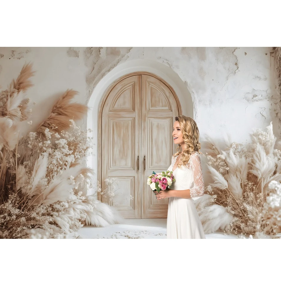 Boho Pampas Grass Wood Door Backdrop for Photography Wedding Portrait Birthday Party Pregnant Art Photo Background Wall Decor