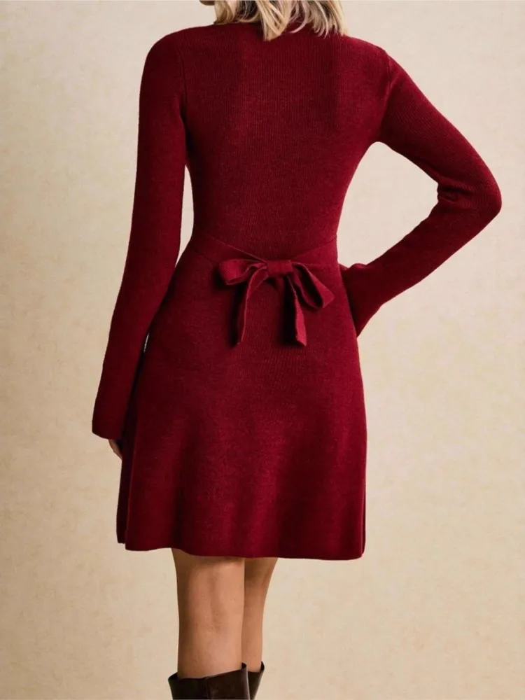 Fashion High-neck Flared Sleeve Knitted Sweater Women's Dress Slimming Elegant Female Hip-hugging Tie One-piece Short Dress 2026