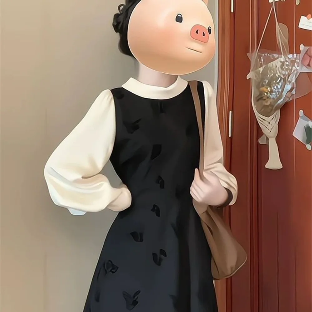 

Retro lace-up women's spring 2025 new French sleeve slim fake two-piece temperament elegant versatile fashion dress