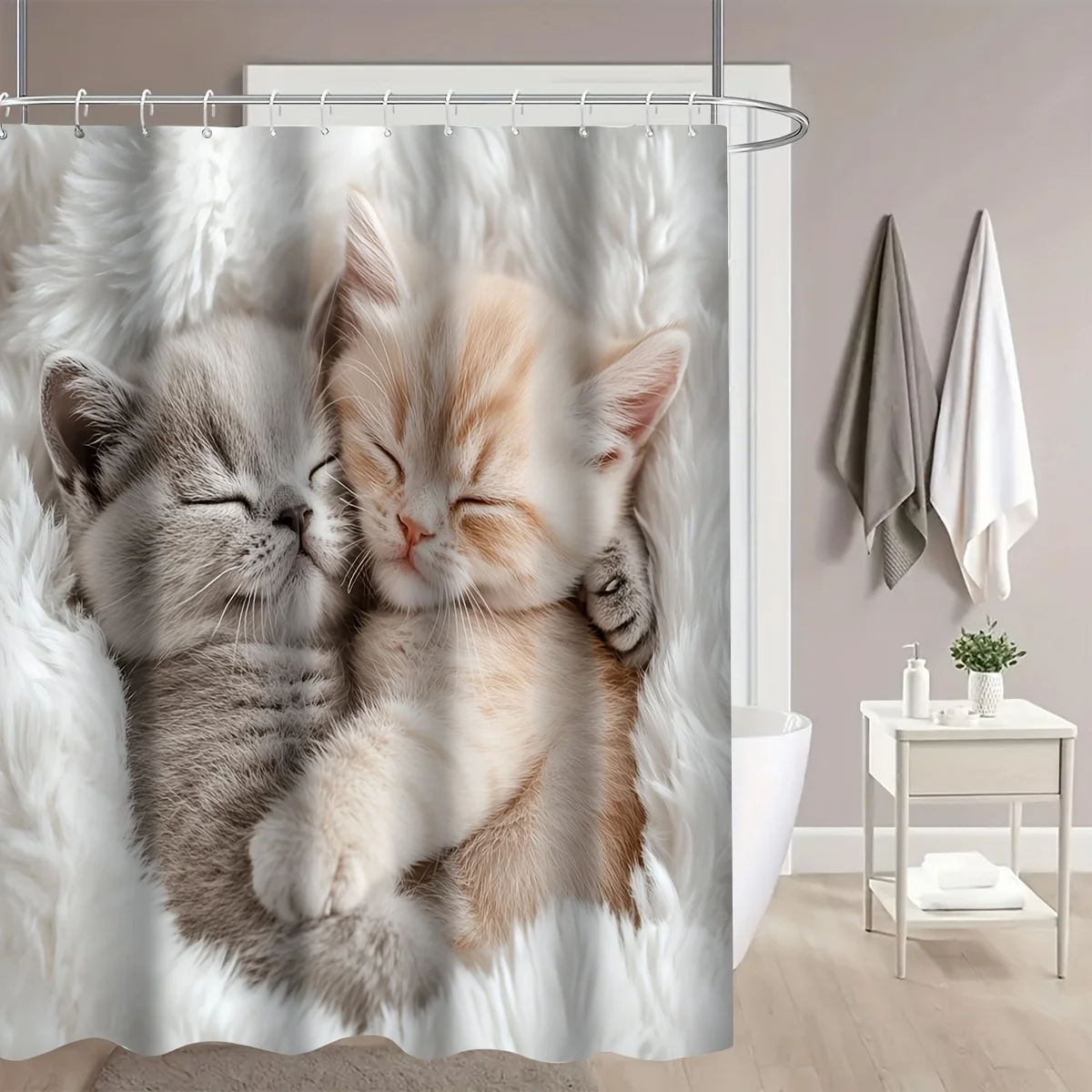 Cute Sleeping Kittens Shower Curtain Waterproof Easy to Clean Privacy Protection Print Realistic Animal Design Adorable 12 hooks