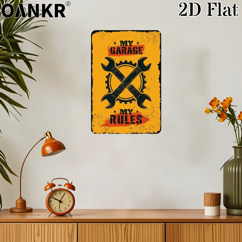 Vintage My Garage My Rules Metal Sign, Grunge Yellow & Black Wrench Design Wall Decor Industrial Accessory for Garage Bar