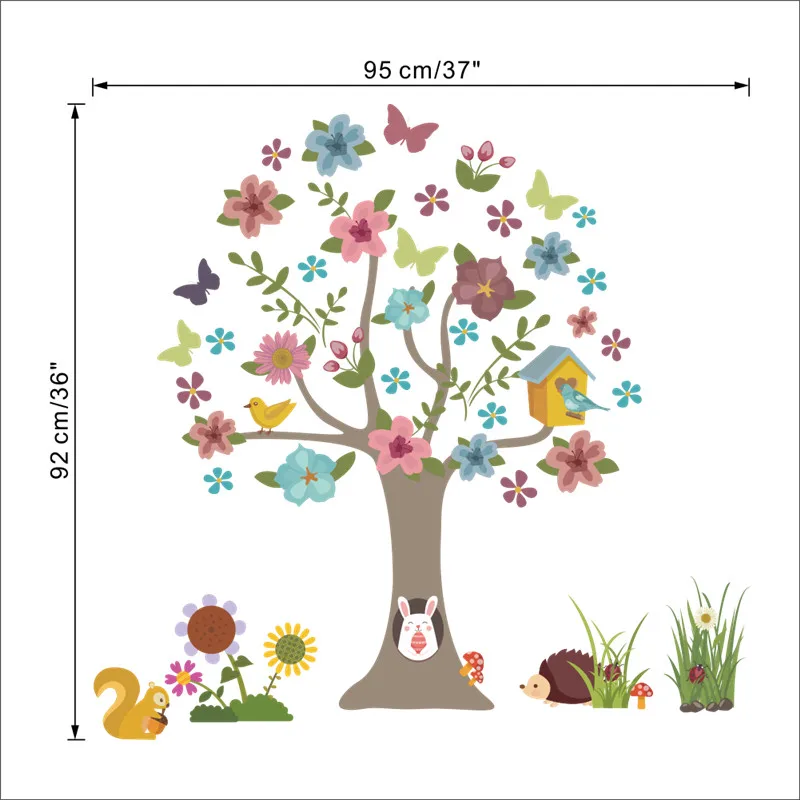 Kreskówka leśne zwierzę z kwiatowym naklejka drzewko na ścianę dla przedszkola pokój dla dzieci sypialnia Mural dekoracja wnętrz sztuka Diy naklejka