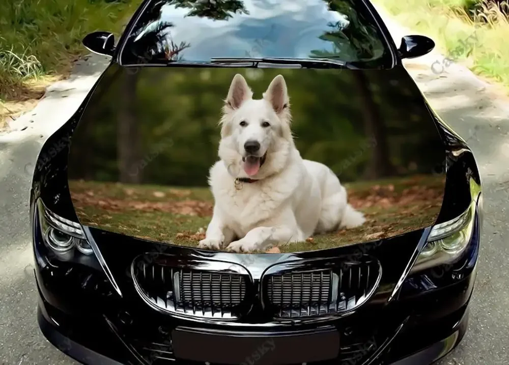 White Swiss Shepherd Dog Car Hood Decal Stickers Wrap Vinyl Film Engine Cover Decals Sticker Car Hood Protective Film