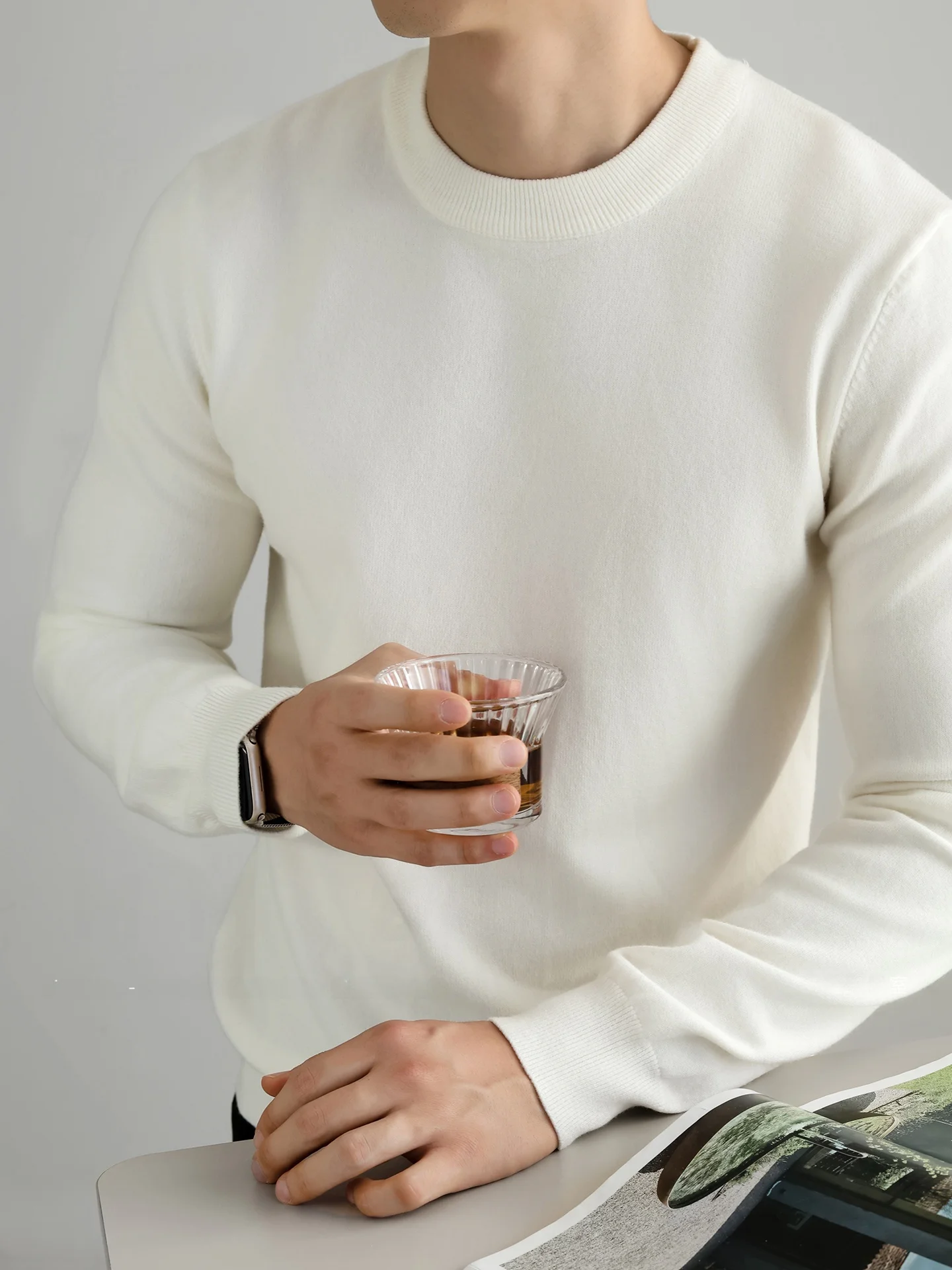 Men's round Neck Shoulder Patchwork Knitted Sweater Warmth Inner Wear Base Layer Soft Casual Style Autumn Business Casual