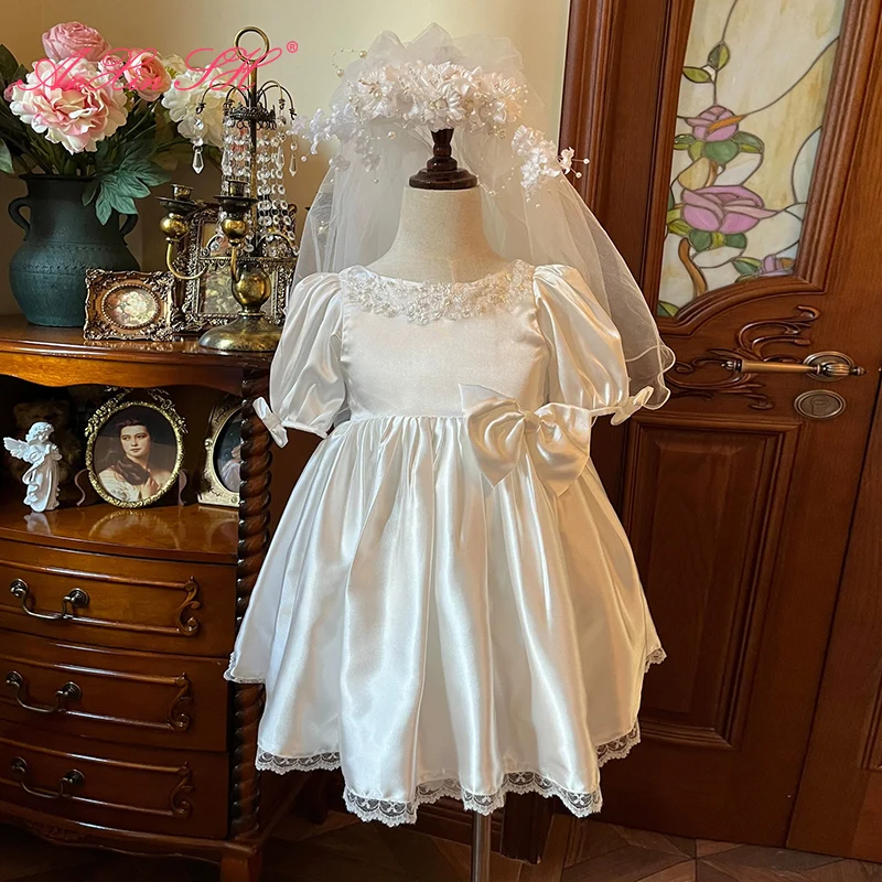 

AnXin SH vintage white satin princess o neck short sleeve beading pearls big bow lace up Antique customized Flower Girl Dress