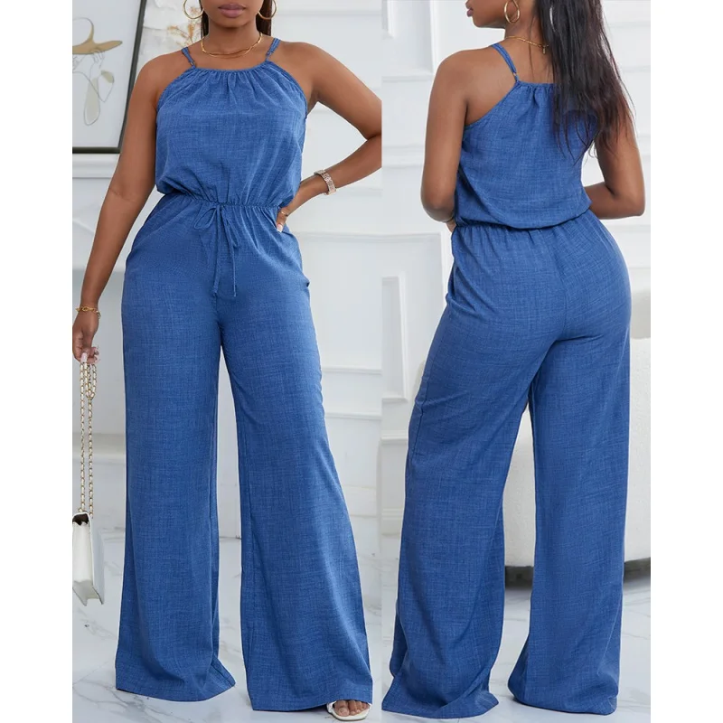 Mono Casual Azul para Mujeres con Tirantes de Espagueti y Cintura Ajustable Ideal para Uso Diario, Viajes de Compras y Encuentros de Moda