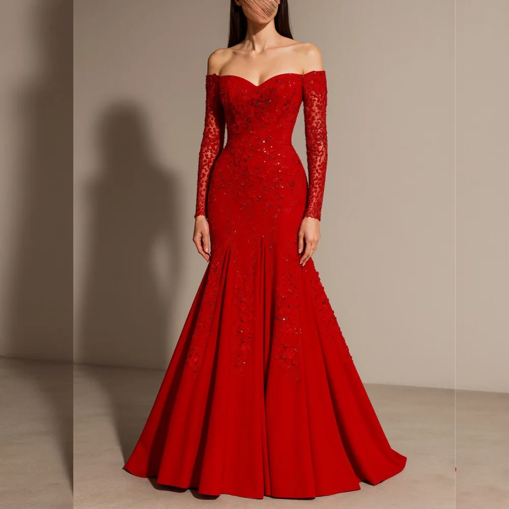 

Индивидуальные джерси с блестящей аппликацией, очаровательные длинные платья русалки с открытыми плечами, на заказ, для случая, вечер, элегантная вечеринка, свадьба