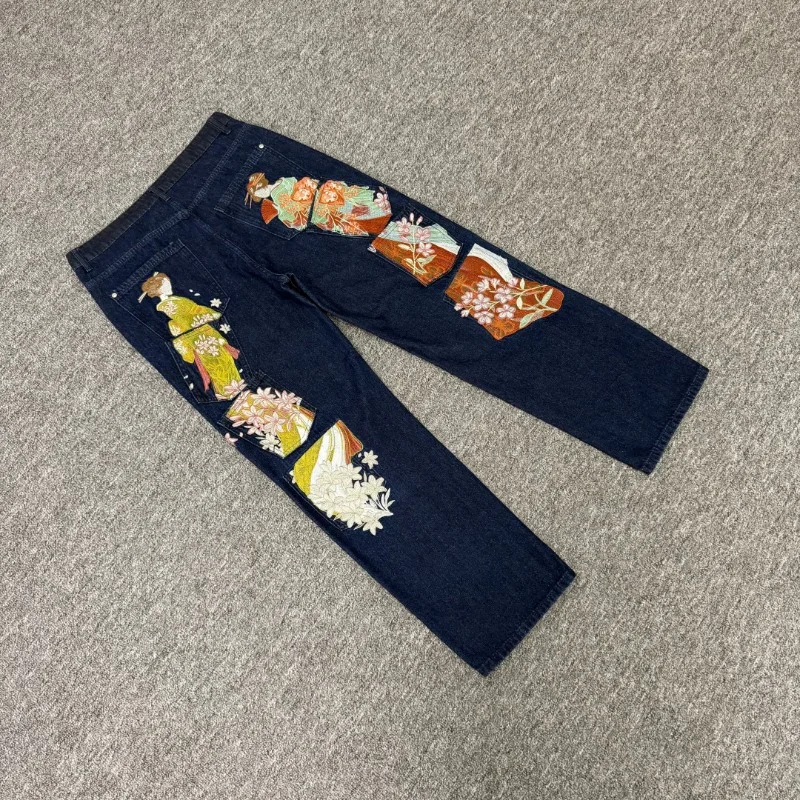 New Kimono Women Embroidered Derschutze Jeans High-quality Unique Japanese Style Denim Pants