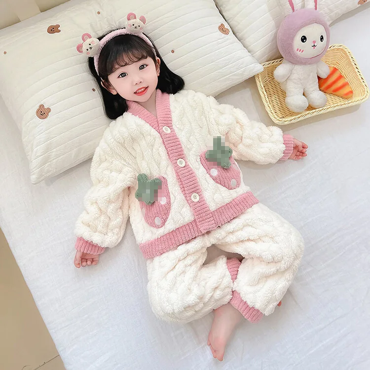 Children Girl Autumn Winter Pajamas Clothes Set Cartoon Strawberry Color Contrast Kid Girl Top Soft Thicken 1-8Y Girl Pants Suit