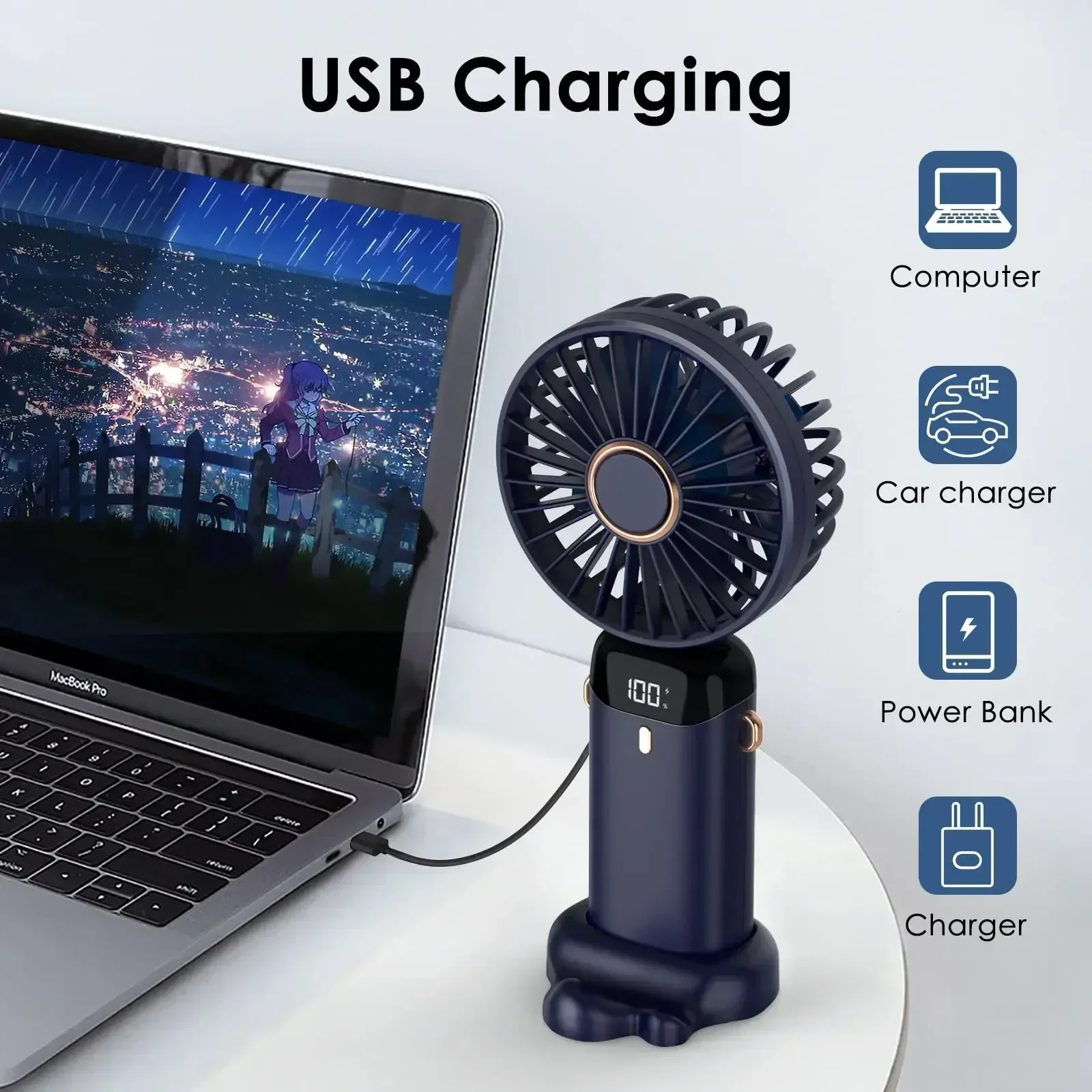 5000mAh Handheld Mini Fan Wireless USB Rechargeable Portable Digital Display Phone Holder Fan 5 Speed Foldable Neck Hanging Fans
