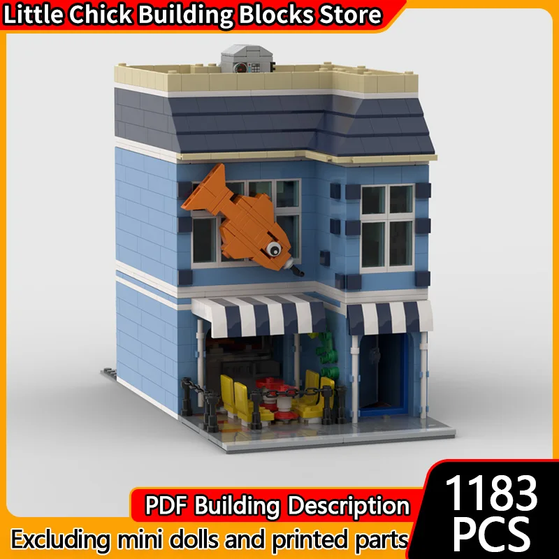 

Модель City Street View MOC, строительные кирпичи, магазин рыб и чипов, модульная технология, детские праздничные подарки, сборка игрушек, костюм