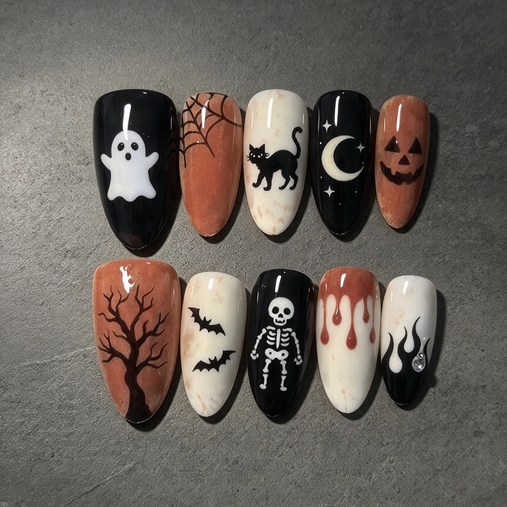 10 pieces of hand pressed almond shaped nails, beautiful fake nails, Halloween fun black cat ghost, suitable for women to use