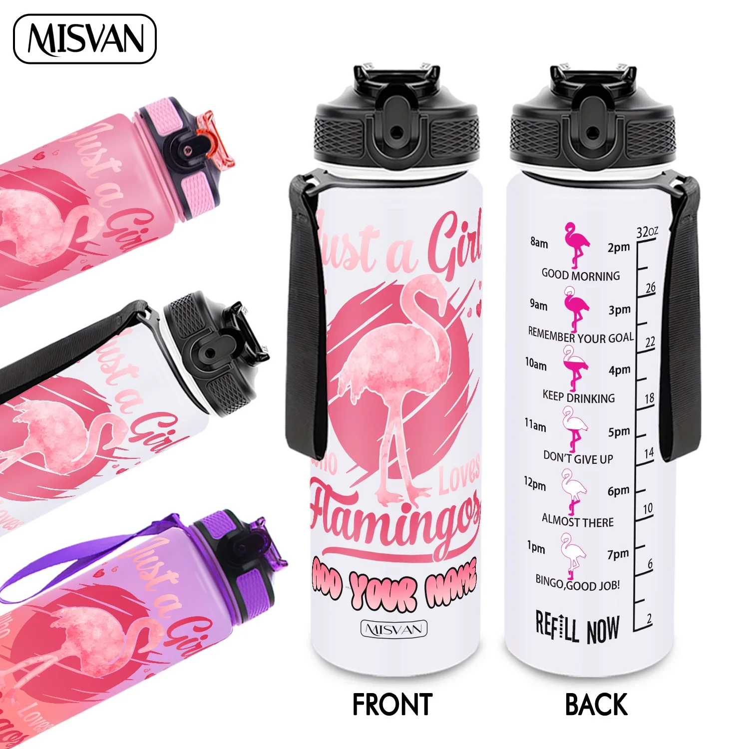

Бутылка для воды 32 унции с индивидуальной гравировкой, розовый принт с фламинго и сердечками, со шкалой для измерения, для ежедневного увлажнения организма, для спортзала, активного отдыха и велоспорта.