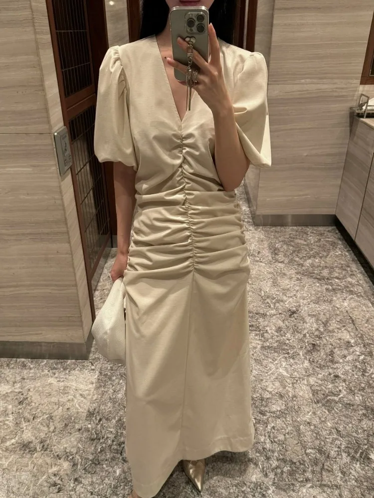 Robe Vintage pour femmes avec Design plissé bulle Sves v-ne minceur couleur Pure longue Dr Faionable décontracté été Dr
