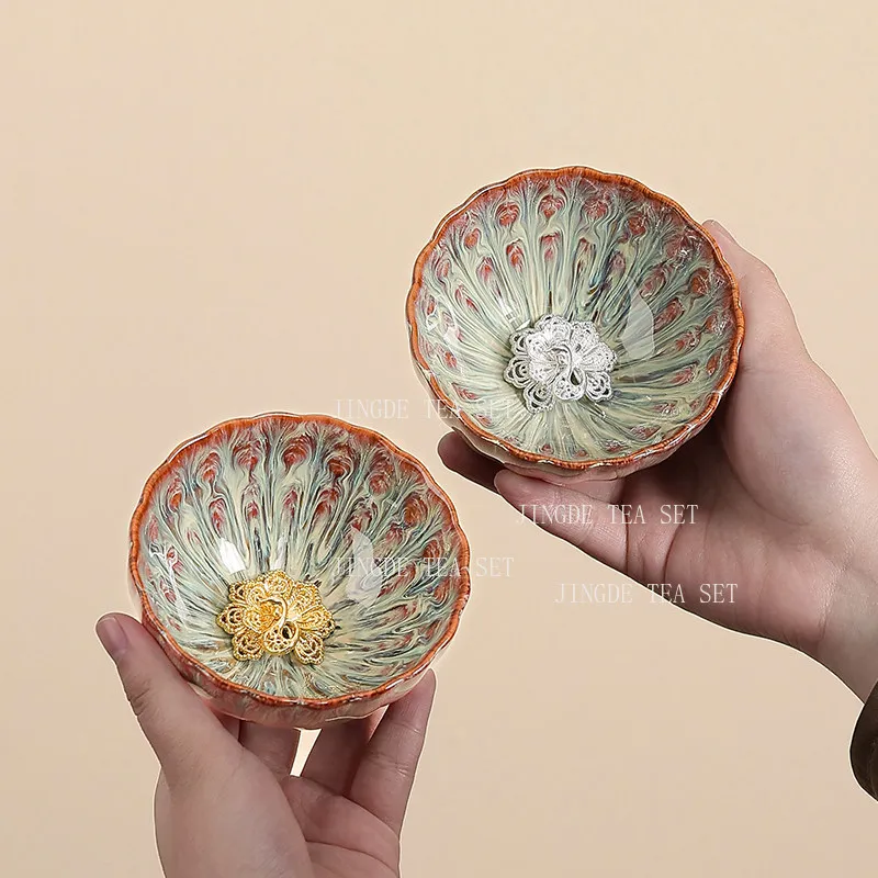 Peacock Pattern Kiln Change Teacup Inlaid Silver Gold Phoenix Ceramic Tea Cup Chinese Master Tea Bowl Home Tea Ceremony Decor