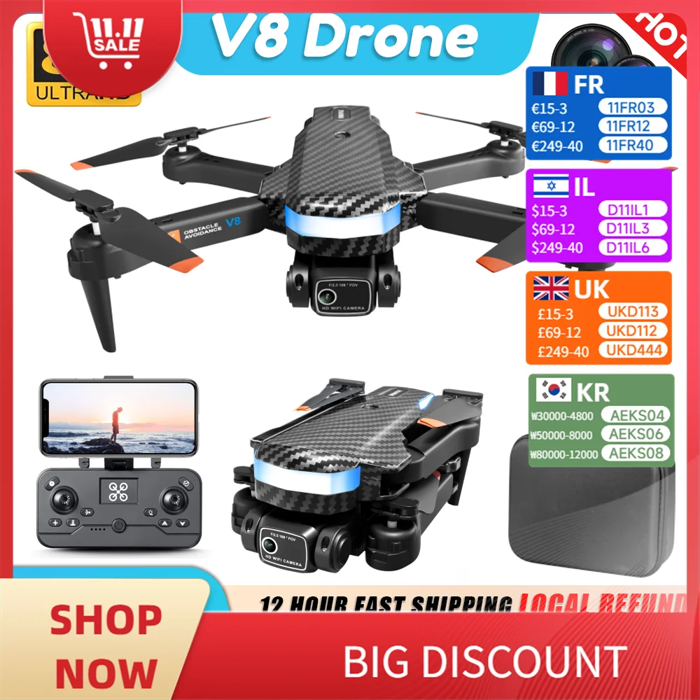 

Профессиональный квадрокоптер V8: камера 8K HD, мини-дизайн, оптический поток, 3-х боковая игрушка для предотвращения препятствий