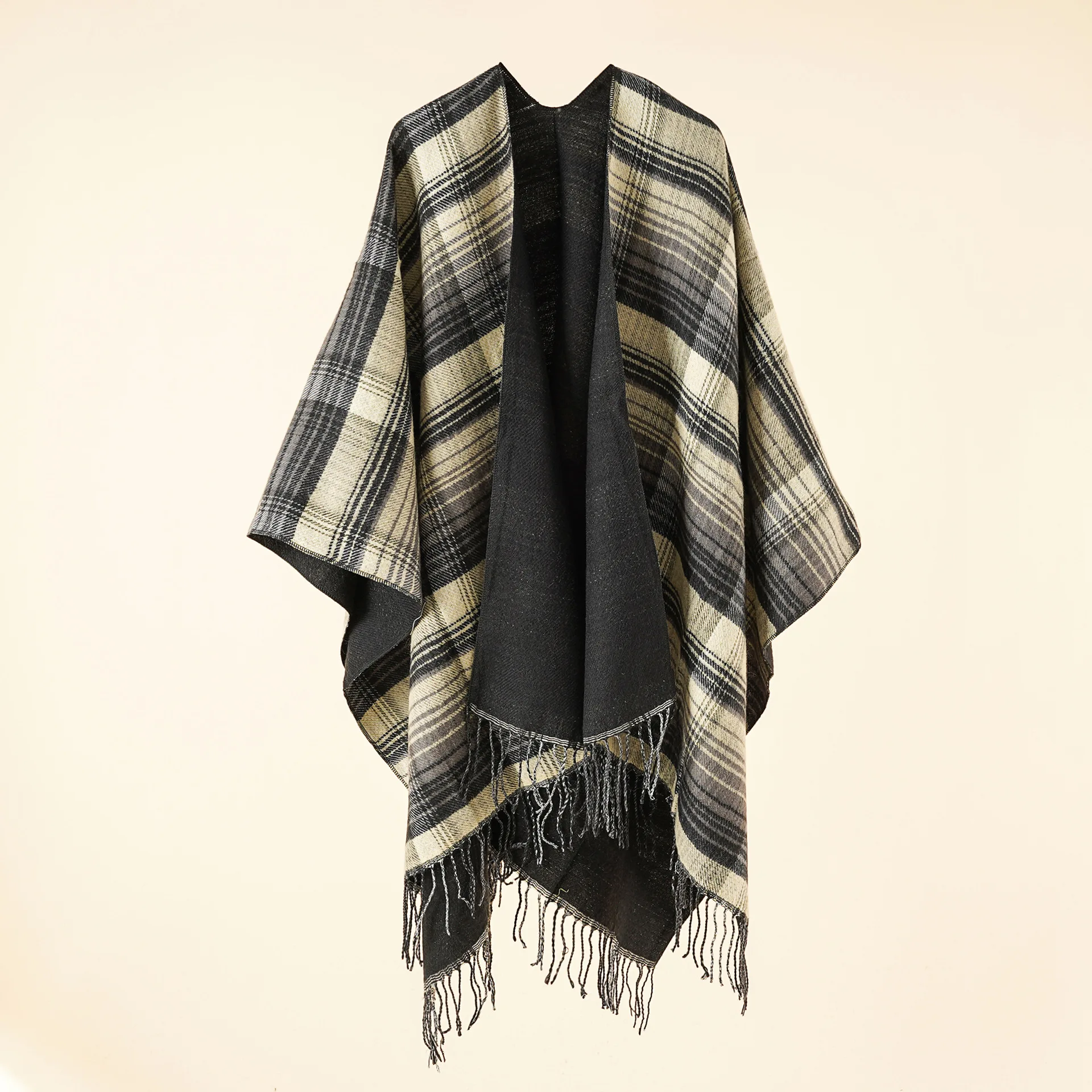 2022 Herfst Winter Nieuwe Kleur Raster Patroon Imitatie Kasjmier Warm Casual Vrouwen Kwasten Shawl Poncho Capes Dame Jas Koffie