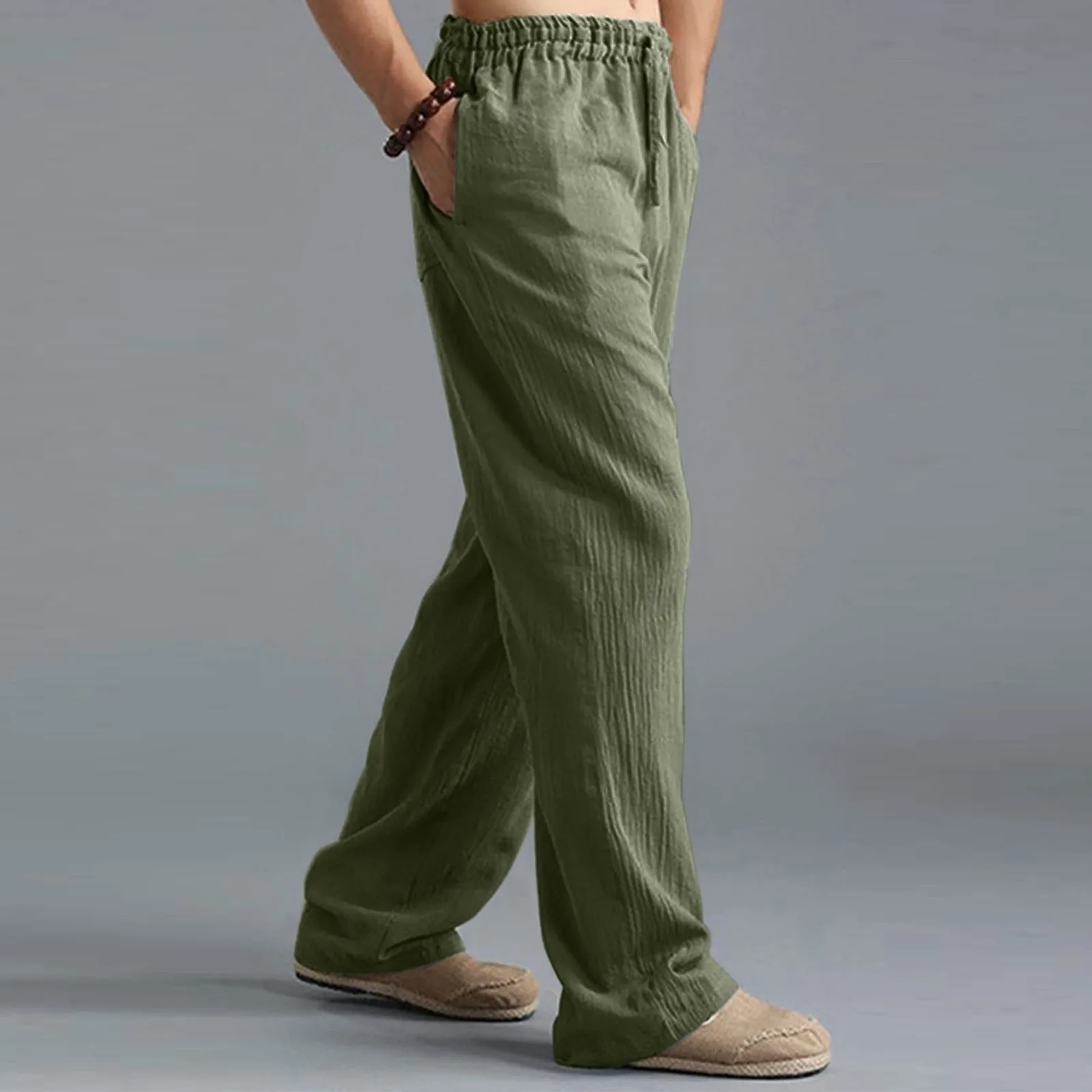 Grand pantalon en coton et lin pour hommes, pantalon décontracté, jambe large adt, à lacets pour le confort à la maison, grande taille, mode masculine