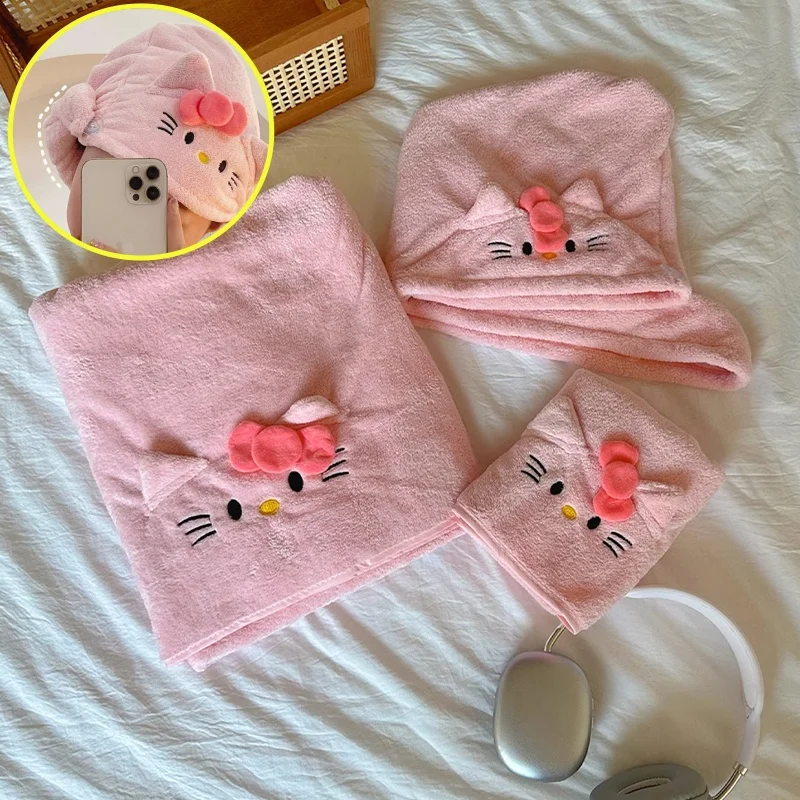 Sanrio Hello Kitty Bath Towel And Bath Skirt Three-piece Set Cute Kawaii Quick-drying Non-shedding Cartoon Anime Bath Skirt