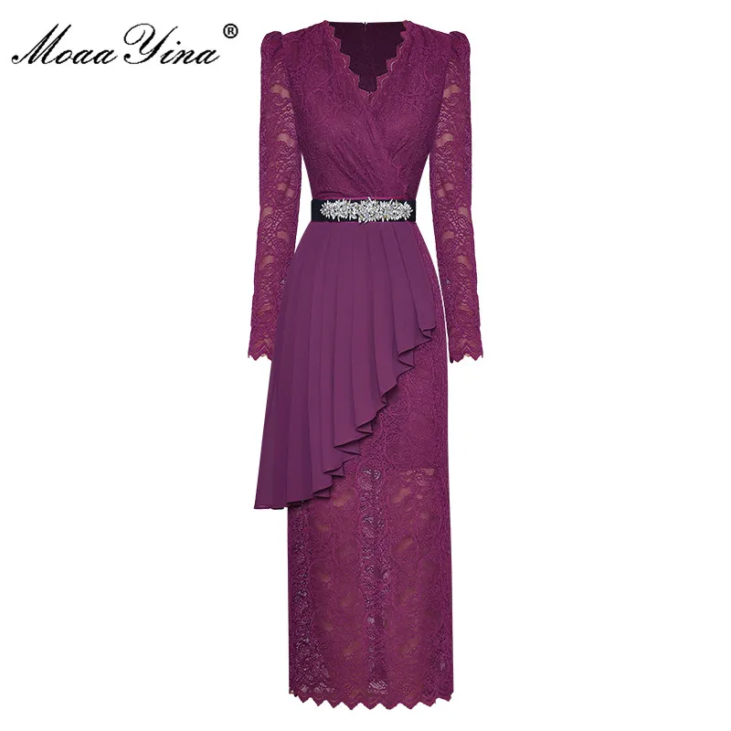

MoaaYina Fashion Designer dress Spring Women's Dress V-neck Lace Long sleeve Crystal Lace-up Ruffles Split Pleated Dresses
