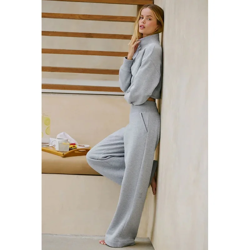 

Women High Waist Knit Patchwork Fleece Lined Wide Leg Stacking Pants Elegant Slim Fit Winter Trousers Old Money Style Warm