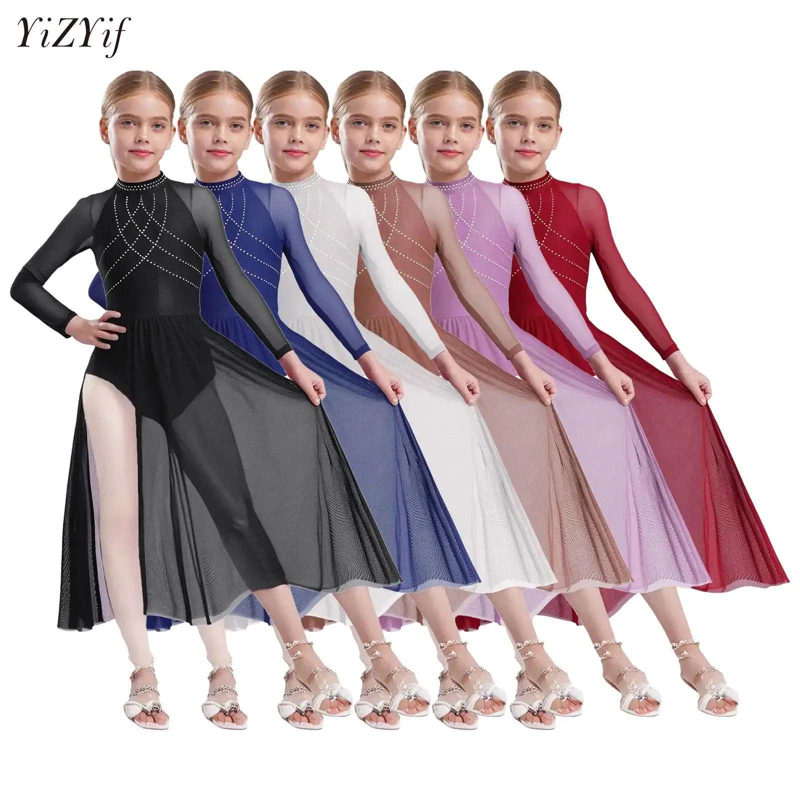 

Kids Girl Modern Lyrical Dance Dress Ballet Gymnastics Costume Rhinestone Split Sheer Mesh Skirted Leotard Performance Dancewear