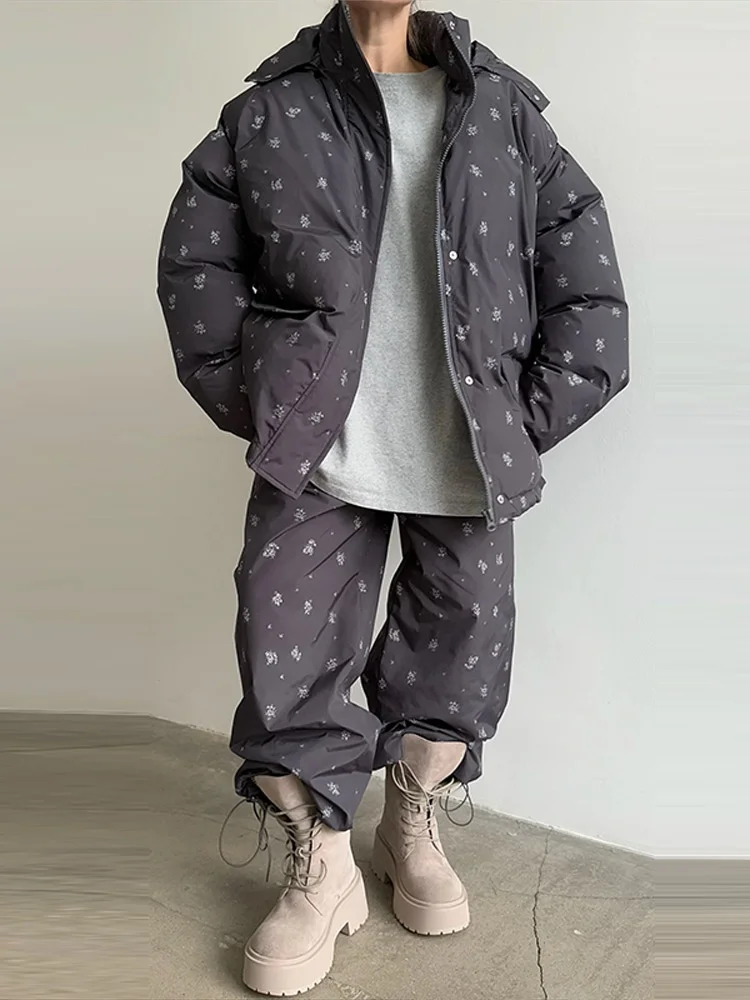 Women Printed Hooded Padded Jacket Loose Long Sleeve Elastic Drawstring Hem Female Coat 2026 Autumn Winter Casual Outfits