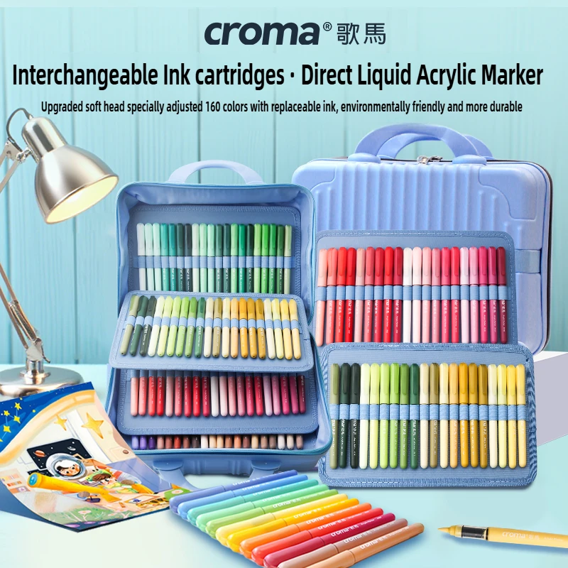 

Croma 160/24 Colors Replaceable Ink Refill Liquid Soft Nib Acrylic Markers Washable Safe Waterproof School Supplies Stationery