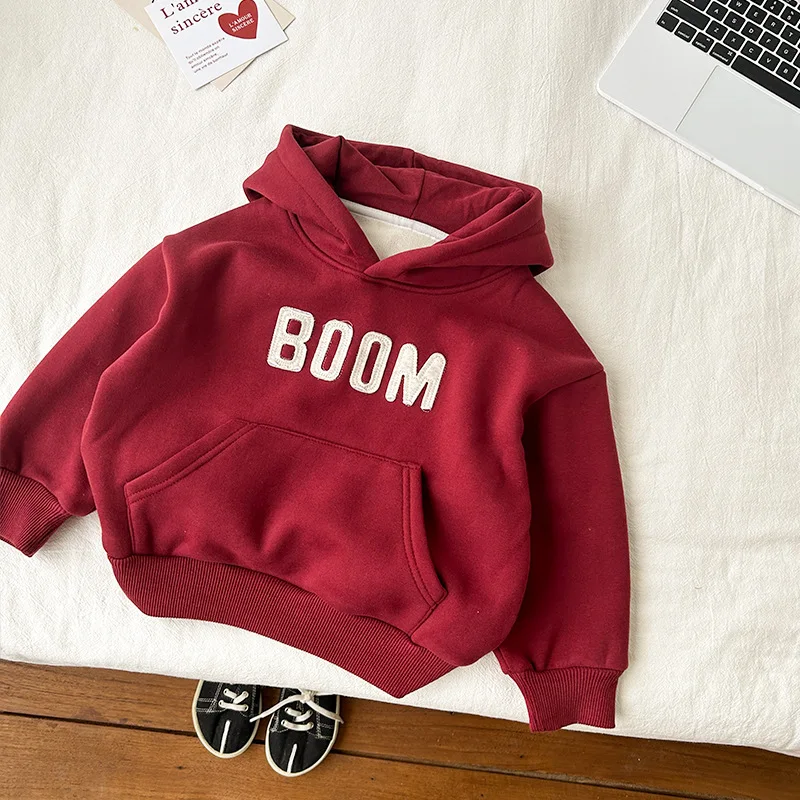 Spring Letter Print Long Sleeve Hooded Baby Hoodies Pocket White Streetwear Casual Kids Sweatshirt Tops Unisex Pullovers