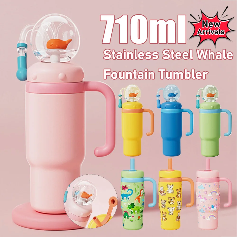 710 مللي كوب نافورة الحوت من الفولاذ المقاوم للصدأ العالمي مع مقبض أكواب مياه الحوت أدوات الشرب مثالية للمراهقين والكبار