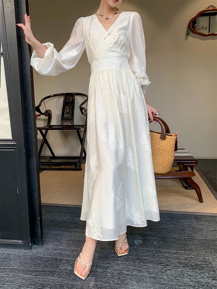 

JWUNIQUE Chinese Sle Long Sve V-Ne Slim Fit Dr Women's Autumn 2025 Midi Dr Cr Color Simple Commute Sle