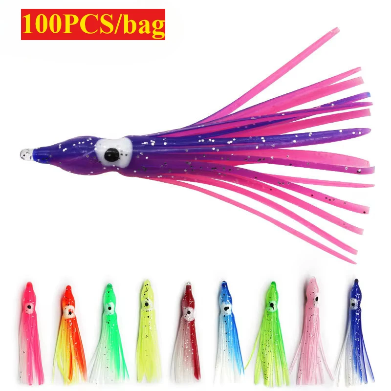 100 шт. 5-30 см резиновые светящиеся юбки в виде кальмара осьминог мягкие пластиковые приманки для троллинга наживки для тунца и парусника разных цветов