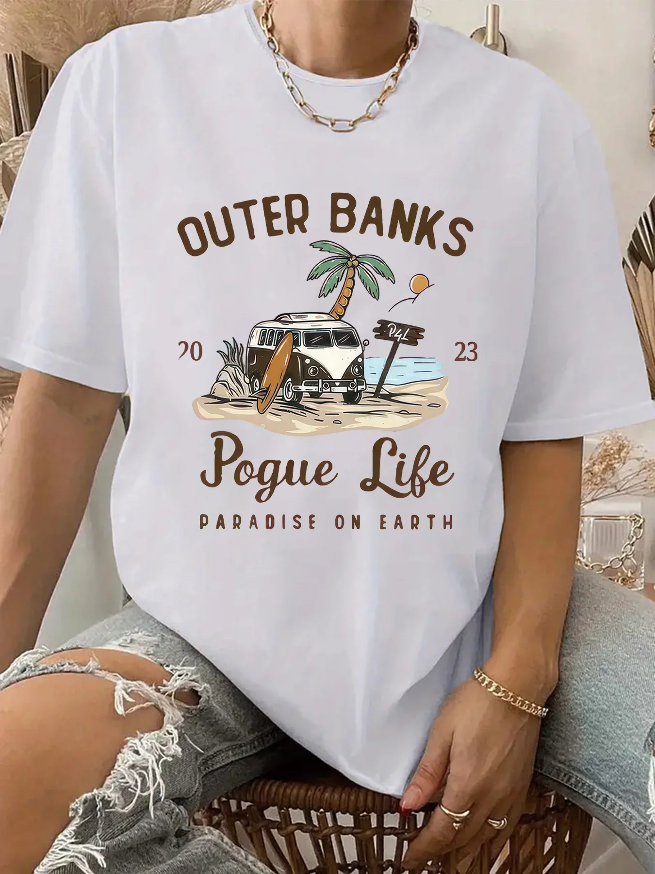 Casual Short Sleeve Outer Banks Print Crew Neck T-Shirt for Spring & Summer Women's Clothing Aesthetic Clothes