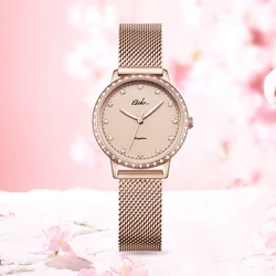 EBOHR-Reloj de pulsera con diamantes de imitación para mujer, accesorio de pulsera resistente al agua con correa de malla de cuarzo japonés, marca de lujo a la moda, color oro rosa